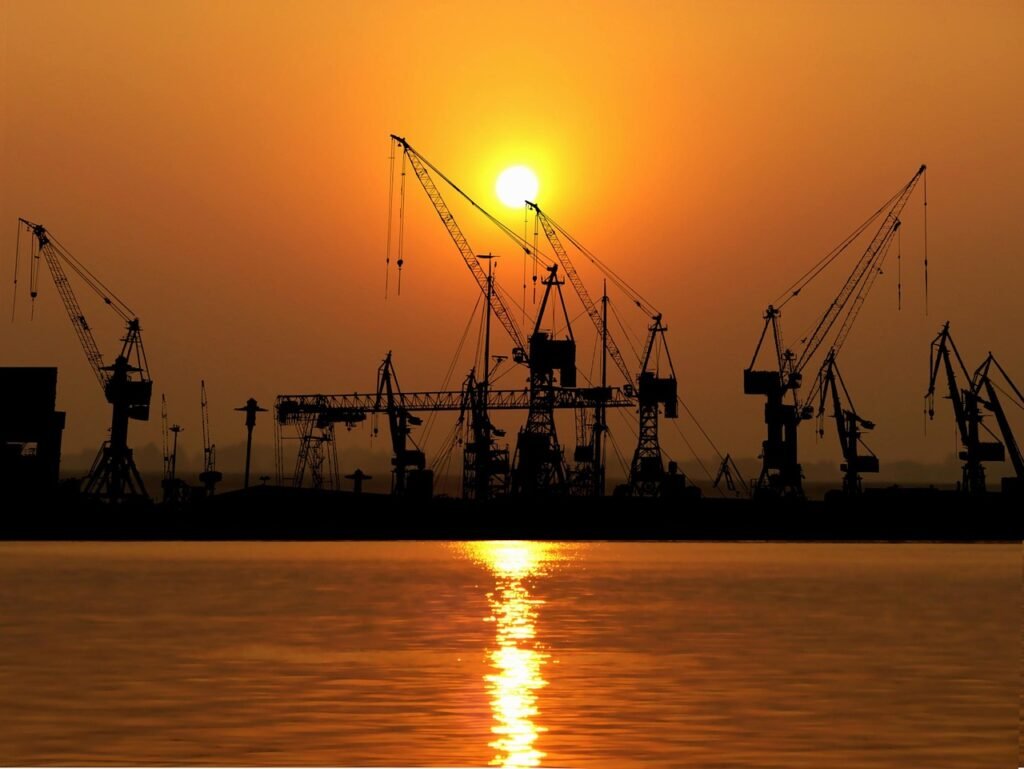 sunset, port, cranes, industries, logistics, the water, sky, hamburg, freight, unloading, nature, export, terminal, loading