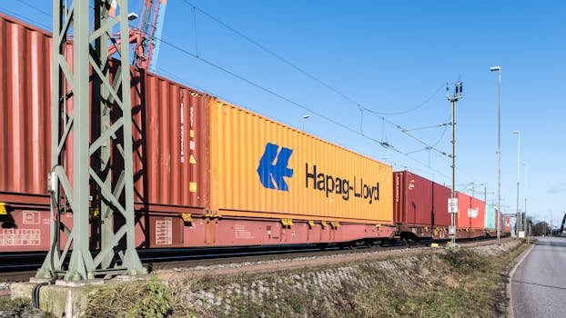Freight train transporting containers near Hamburg harbor on a clear day.